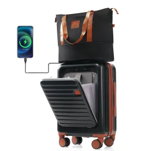 2 Pcs Luggage Set, 20" ABS Hard Shell Front Opening Spinner Luggage with USB Charging Ports & Cup Holder and Weekender Bag