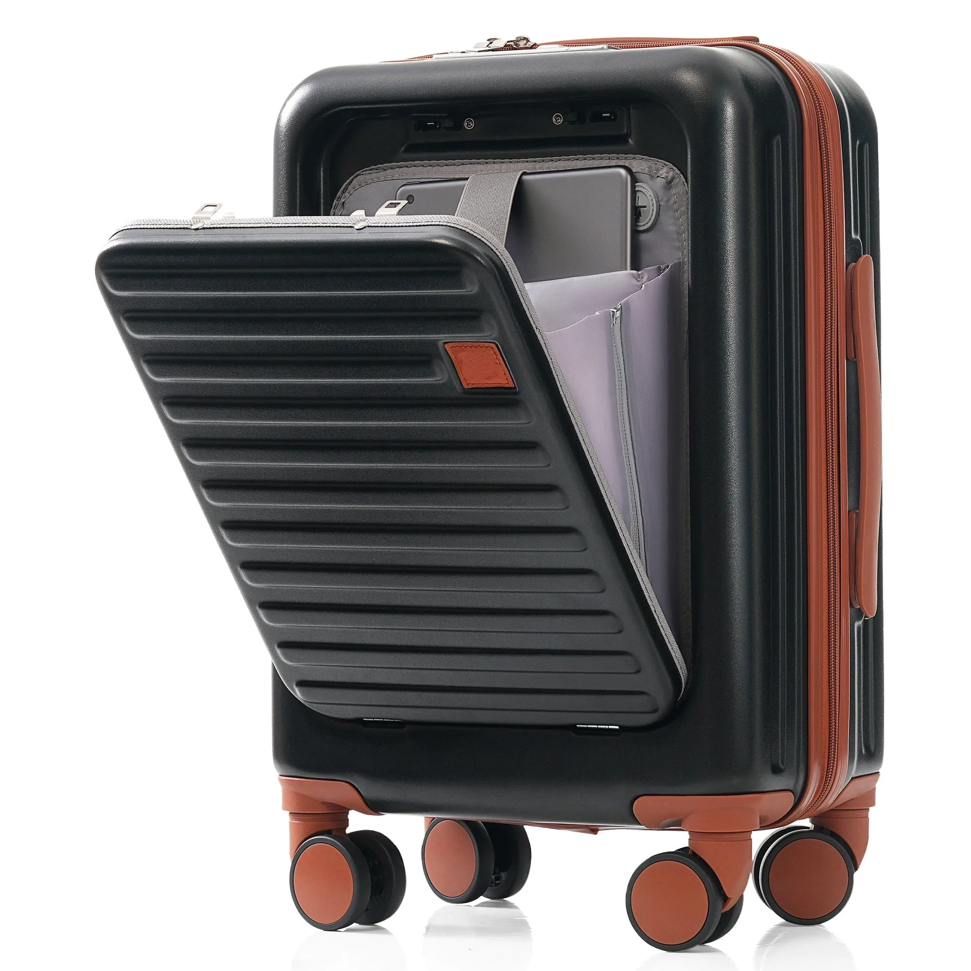 2 Pcs Luggage Set, 20" ABS Hard Shell Front Opening Spinner Luggage with USB Charging Ports & Cup Holder and Weekender Bag