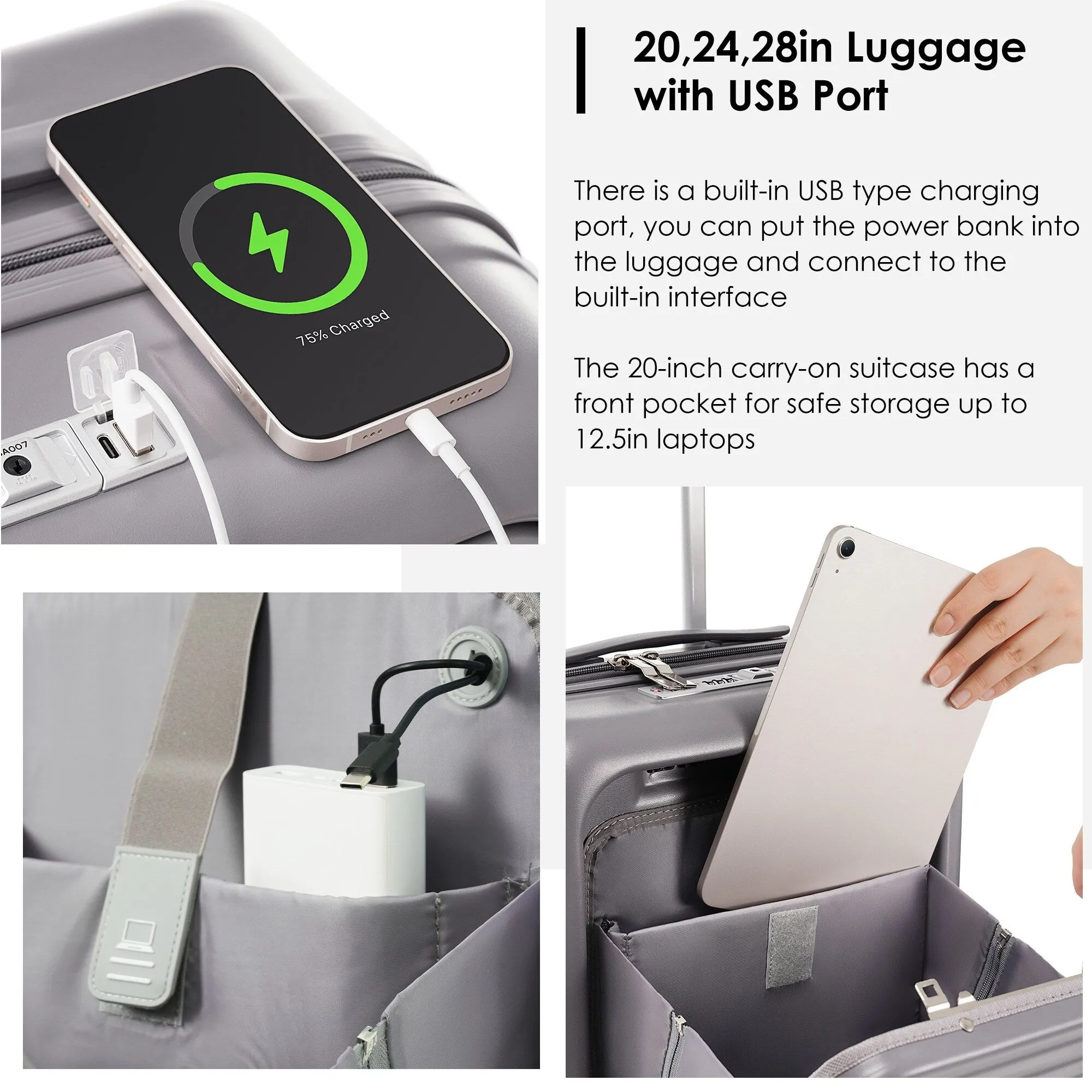 2 Pcs Luggage Set, 20" ABS Hard Shell Front Opening Spinner Luggage with USB Charging Ports & Cup Holder and Weekender Bag