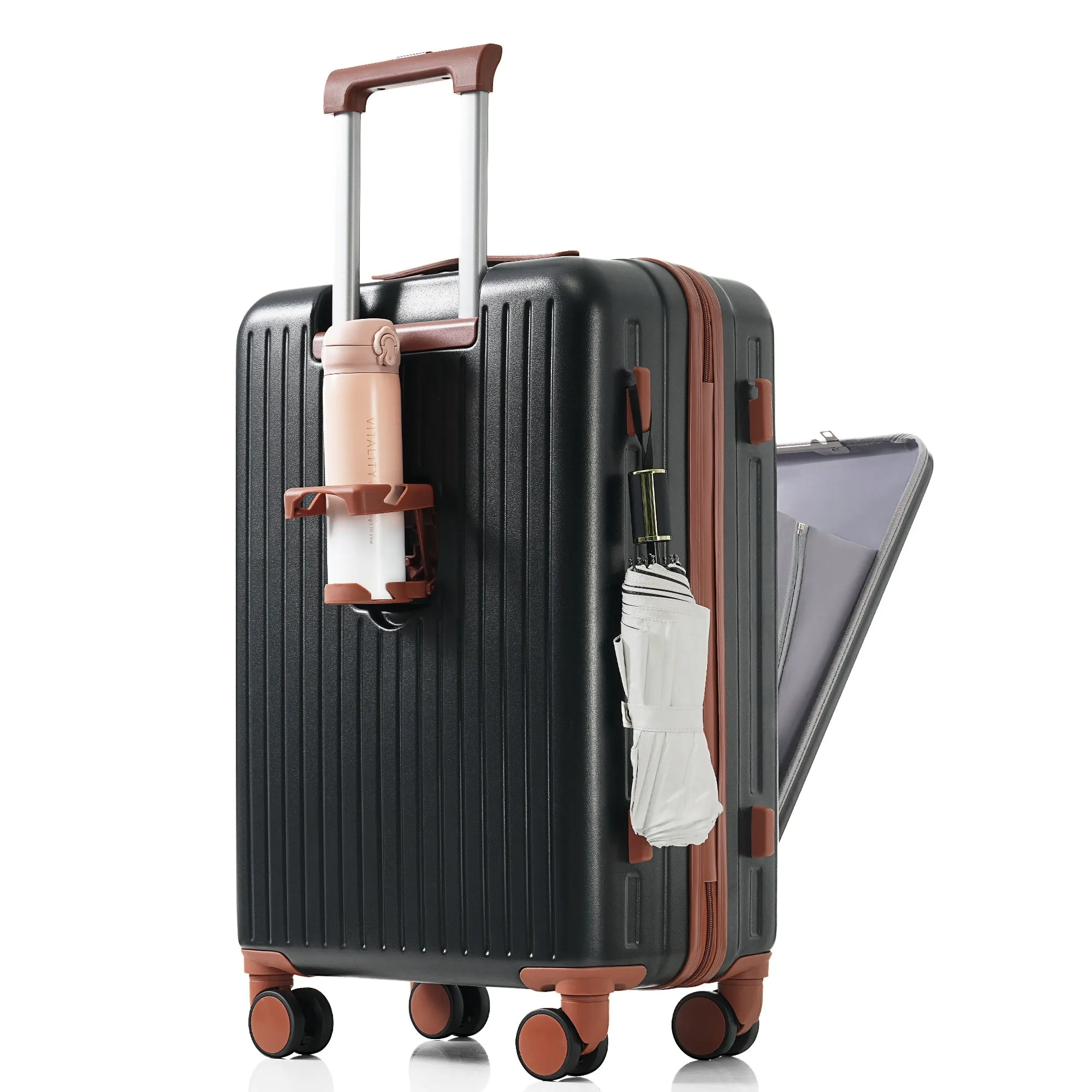 2 Pcs Luggage Set, 20" ABS Hard Shell Front Opening Spinner Luggage with USB Charging Ports & Cup Holder and Weekender Bag