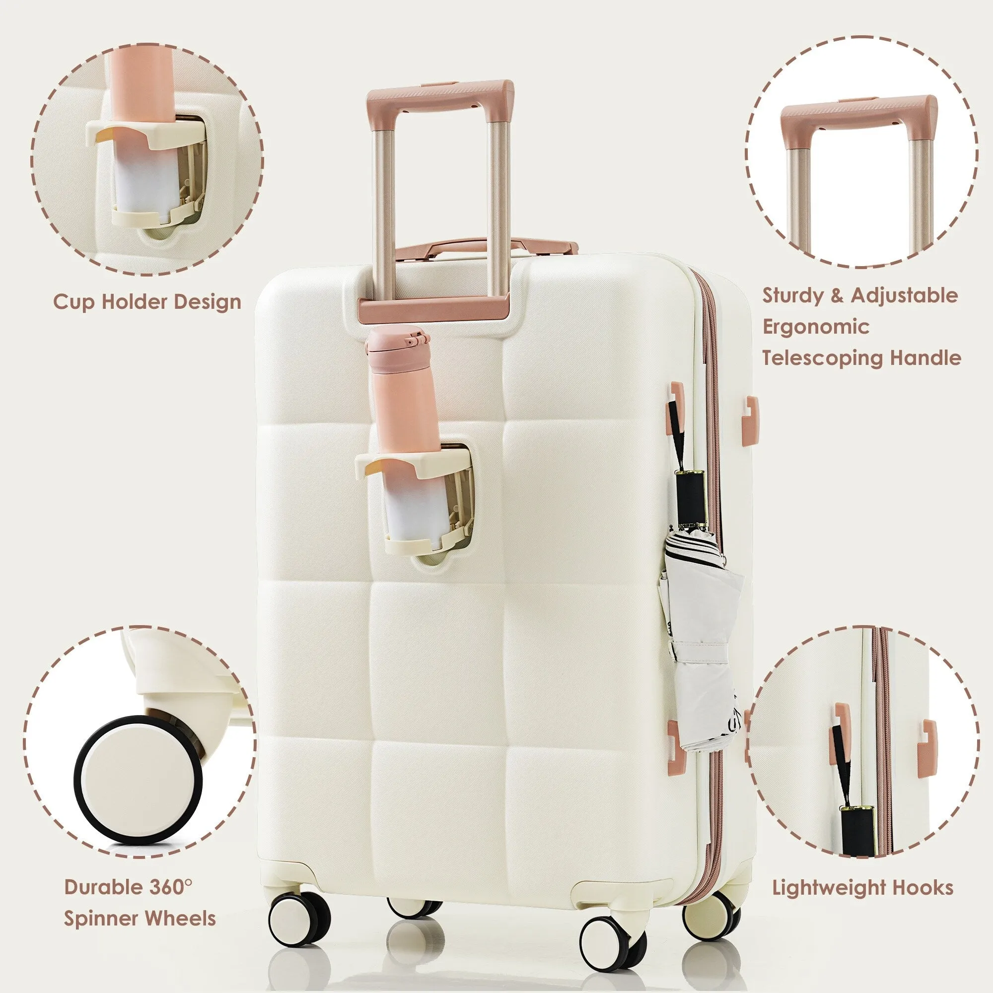 4 Piece Luggage Sets with Travel Bag and Cup Holder, 20-inch Expandable Suitcase with USB Port and 360-degree Wheels