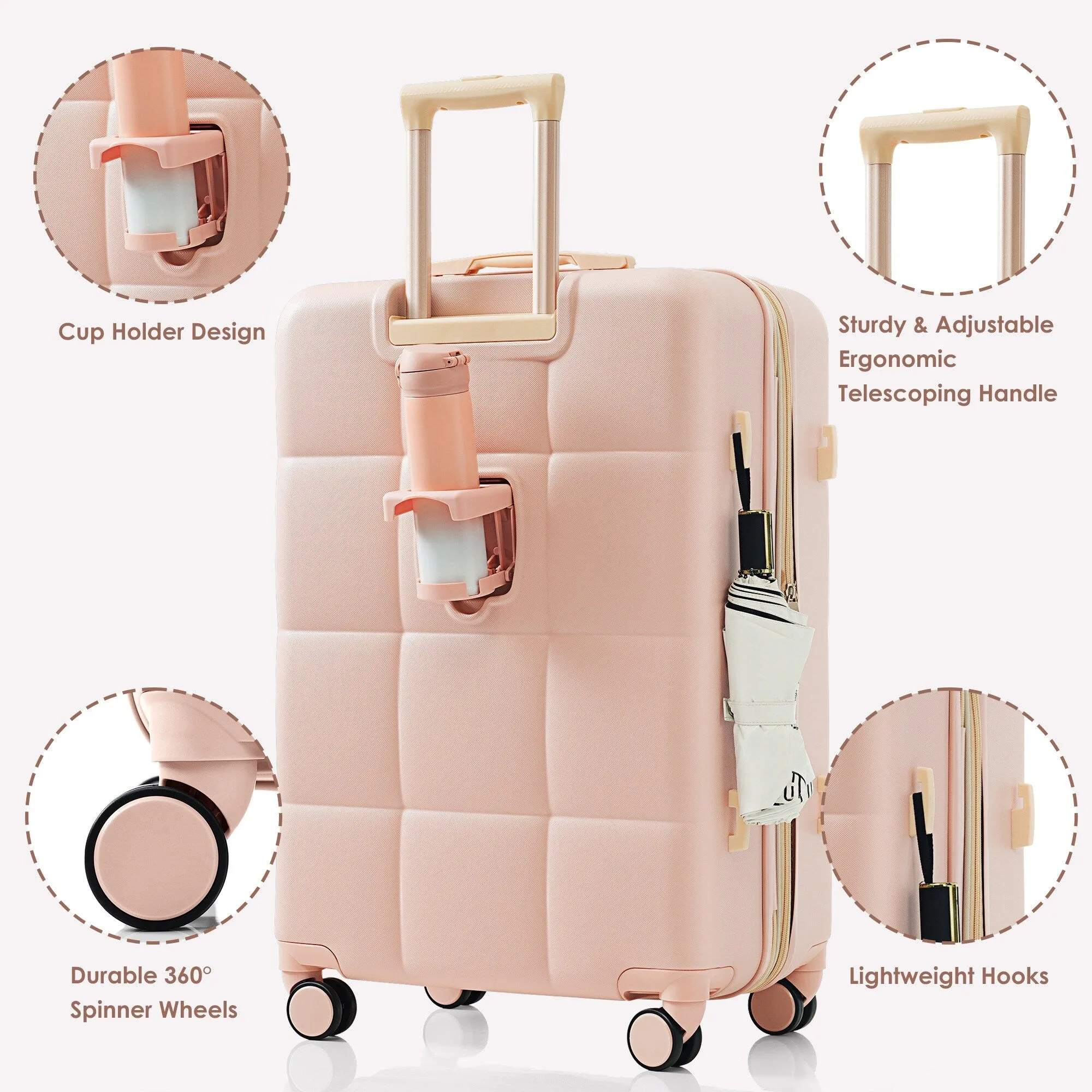 4 Piece Luggage Sets with Travel Bag and Cup Holder, 20-inch Expandable Suitcase with USB Port and 360-degree Wheels
