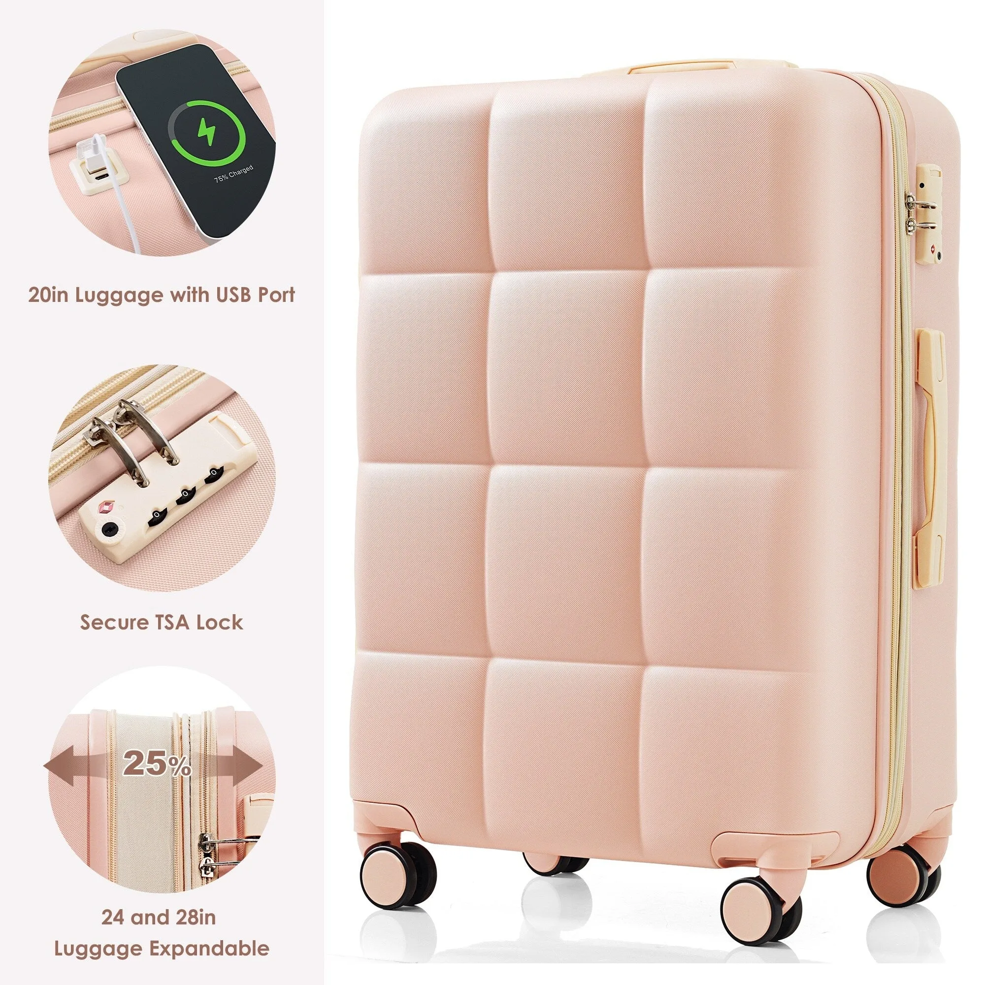 4 Piece Luggage Sets with Travel Bag and Cup Holder, 20-inch Expandable Suitcase with USB Port and 360-degree Wheels