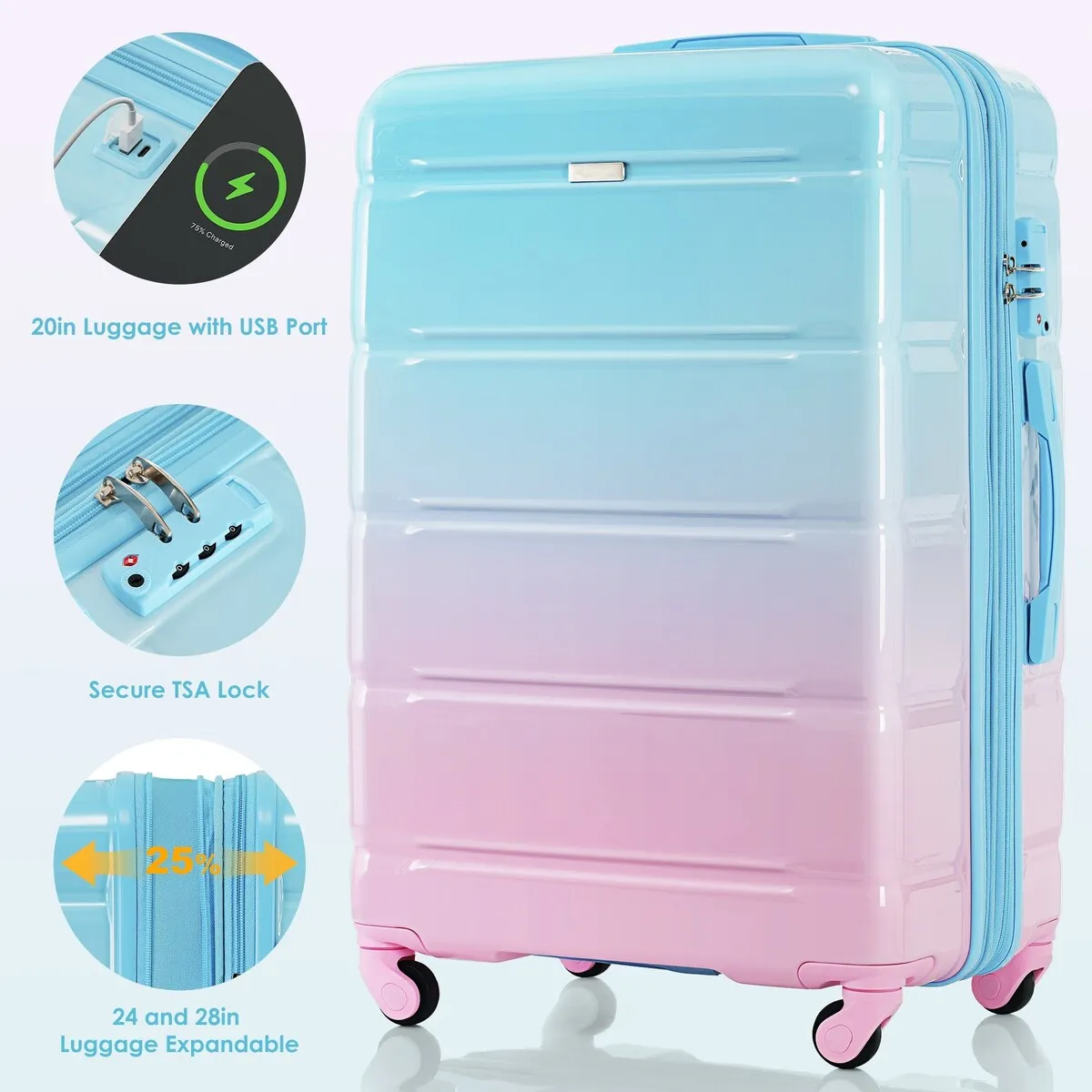 Airline Certified Carry-on Luggage Set of 3 with Cup Holder and USB Port
