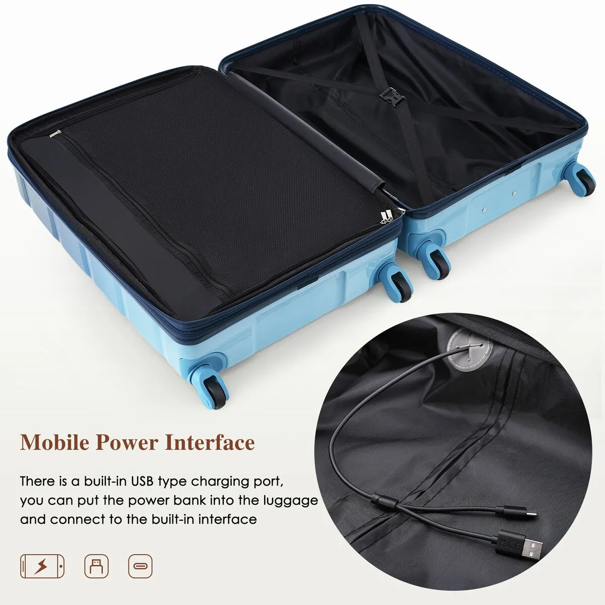 Airline Certified Carry-on Luggage Set of 3 with Cup Holder and USB Port