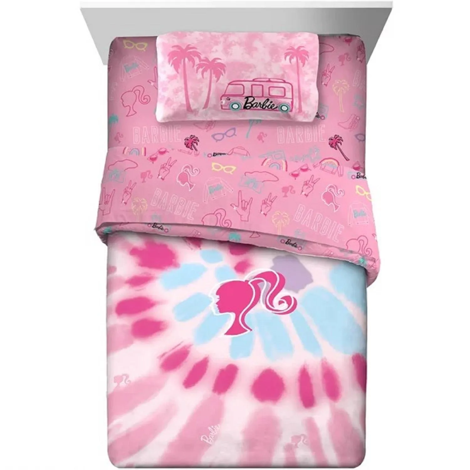 Barbie 7A0656 Kids Twin Tie-Dye Bed-in-a-Bag, Reversible Comforter and Sheets Pink